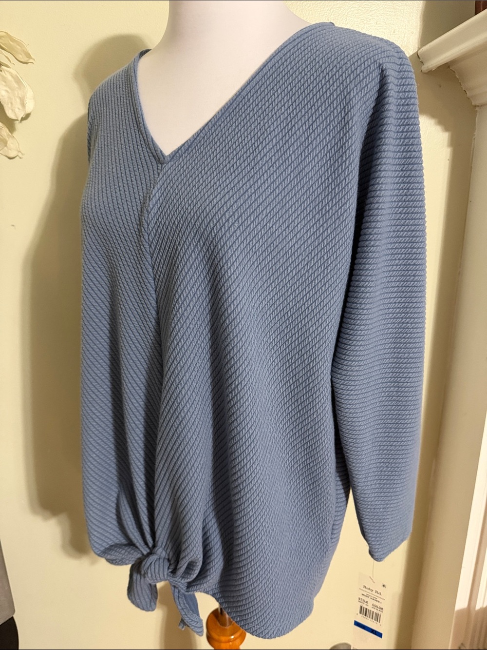 Ruby Rd Slate Blue Textured V-Neck Knot Front Top - Picture 5 of 5